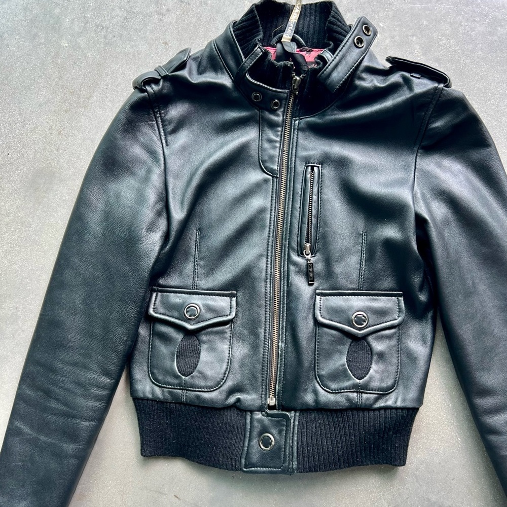 Black Faux Leather Jacket with Ribbed Hem